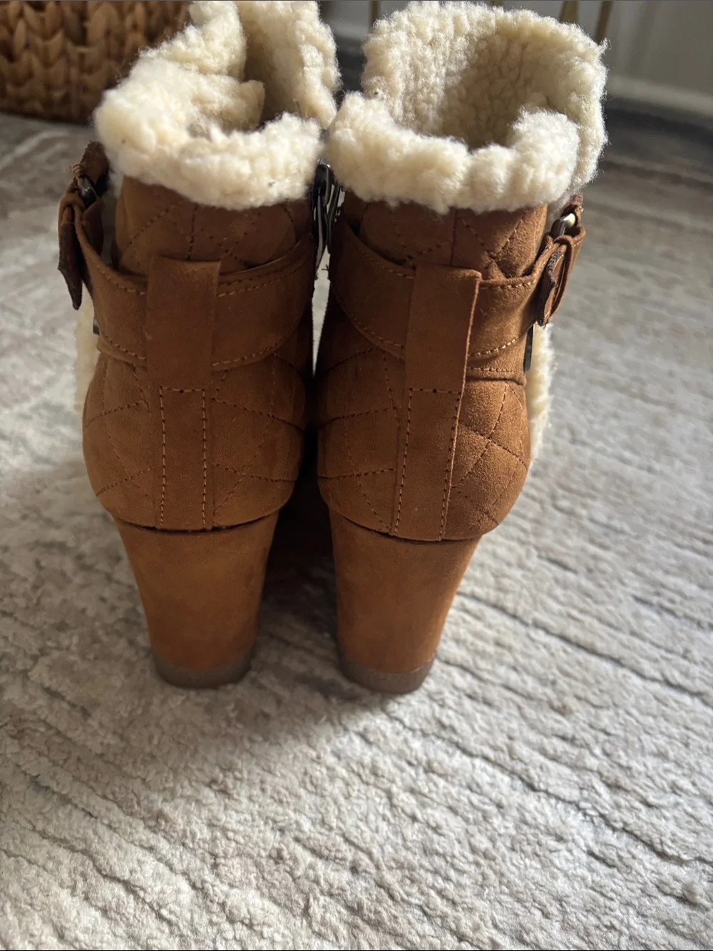 Liz Claiborne Brown Faux Suede Wedge Booties with Cream Shearling
